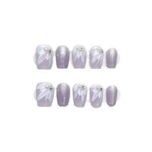 Handmade lavender press-on nails set with white hand-painted flowers and pearl accents