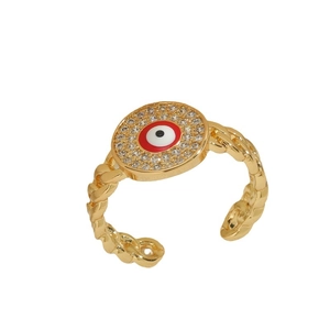 Luxurious 14K gold plated evil eye ring with red enamel and woven chain band design
