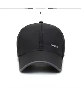 Detail of black quick-dry sports cap showing SPORTS print and gray brim piping