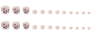 Macro detail of 24pcs French butterfly press-on toenails in nude pink gradient finish