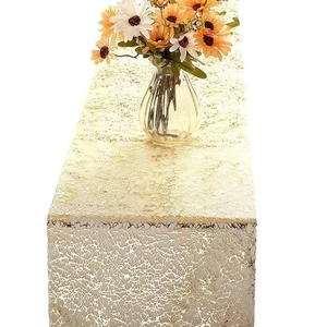 Golden metallic mesh table runner with elegant lace crackle design for home wedding decor
