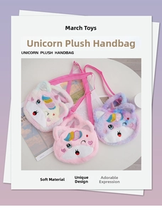 Three colorful unicorn plush bags in pink, white and purple with rainbow horns