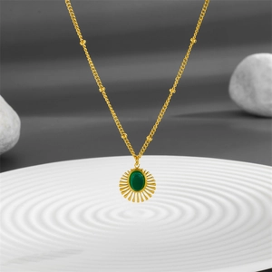 Minimalist stainless steel gold necklace with green gemstone sunburst pendant charm