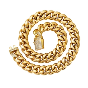 Polished gold stainless steel Cuban link necklace with micro-paved zircon square clasp
