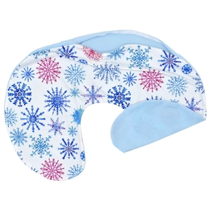 Detailed close-up of blue and pink snowflake patterns on a soft white breastfeeding pillow cover