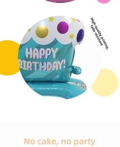 Detail of blue three-tier cake foil balloon with colorful dots and Happy Birthday text