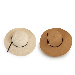 Fashionable wide brim straw sun hats with leather band in beige and khaki colors