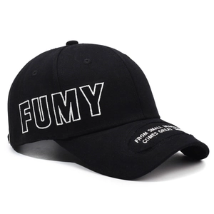 Vintage black cotton baseball cap with FUMY embroidery and slogan on brim detail