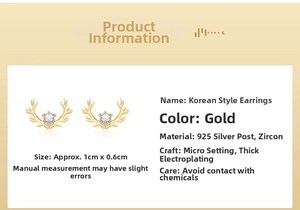 Detailed view of gold reindeer stud earrings with 925 silver needle and zircon inlay
