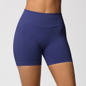 Vue détaillée du short de compression sans couture à taille haute en bleu foncé texturé