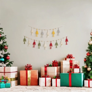 Handmade macrame Christmas tree garland with colorful woven trees and wooden beads