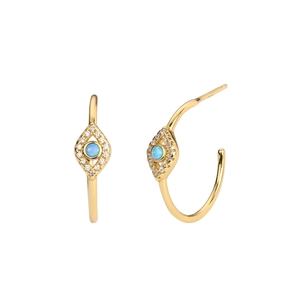 Close-up of S925 silver gold-plated devil eye earrings with blue opal and white zircon