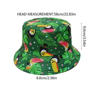Detail view of a tropical bucket hat with toucan print and sizing specifications