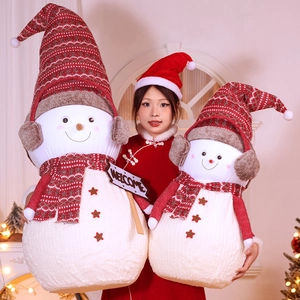 Snowman Christmas Plush Decoration Large Holiday Figurine With Knitted Hat Scarf Earmuffs Welcome Sign Festive Home Decor