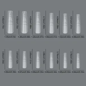Size chart showing dimensions for 12 ultra-thin seamless long coffin nail tips extension