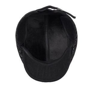 Men's winter wool baseball cap with fleece ear flaps and adjustable back strap in black