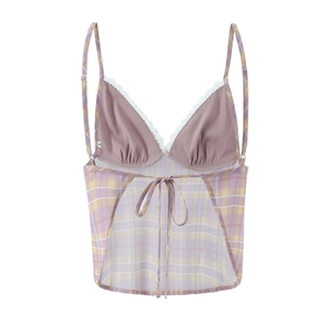 Detailed view of sheer mesh camisole with purple plaid, white lace trim, and size S label