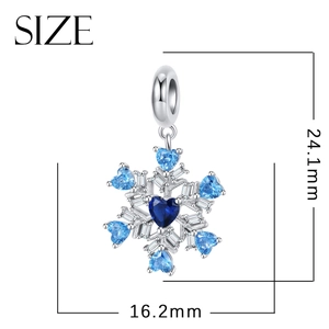 Detailed size view of silver snowflake charm with blue heart-shaped zircons 24.1mm