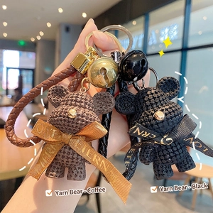 Cute Resin Knitted Texture Bear Keychain With Braided Leather Wrist Strap Bell Ribbon Bow Bag Pendant Charm For Girls
