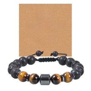 Detail of 10mm lava stone and tiger eye bead bracelet with adjustable cord and gift card