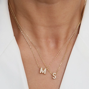 18k gold plated double layered necklace with crystal M and S letter pendants