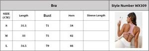 Size guide for yoga sports bra showing chest and length measurements for S, M, L sizes