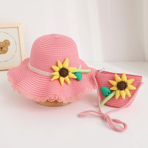 Cute pink children's straw hat and bag set with sunflower decor for sun protection