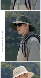 Detail of waterproof outdoor sun hat with wide brim and adjustable chin strap for hiking