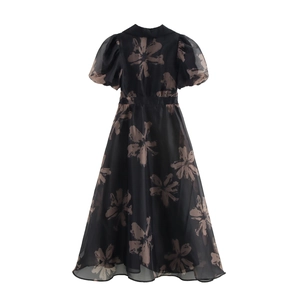 Robe longue en organza à fleurs, manches bouffantes et taille cintrée sur fond blanc