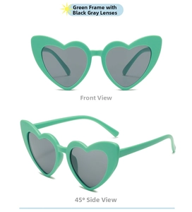 Front and 45-degree angle view of green heart-shaped kids sunglasses with dark grey lenses