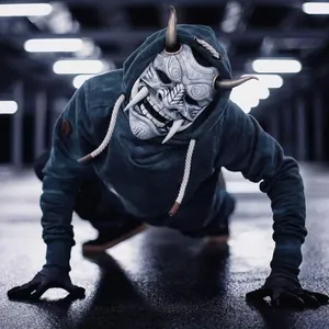 Japanese Hannya mask and grey hoodie set for Halloween cosplay street style