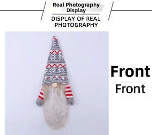 Close-up of a festive gnome wine bottle cover with snowflake pattern and plush beard