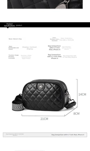 Detailed dimensions of quilted crossbody bag featuring dual main pockets and size guide