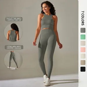 Ensemble de Yoga Sans Couture pour Femmes Legging Taille Haute Remonte-Fesses et Haut de Sport Haute Élasticité Respirant Sportswear Haut Et Bas