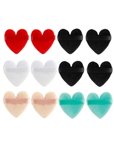 Set of 12 heart-shaped velvet makeup puffs in five colors with convenient finger ribbons