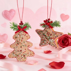 Christmas tree and star shaped felt gingerbread ornaments with beads and red bows