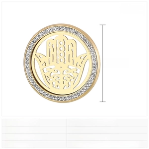 Detailed view of a 30mm golden stainless steel Hamsa Hand pendant with white rhinestones