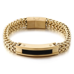 Men's gold square link stainless steel bracelet with dual-row weave and black buckle