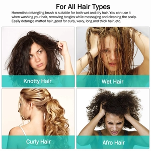 Detail guide showing detangling hairbrush results for knotty, wet, curly, and afro hair types