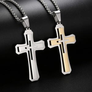 Colliers hip hop pour hommes en acier inoxydable avec pendentif double croix argent et or