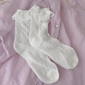 White Lolita lace trim ankle socks with heart hollow pattern on purple fabric