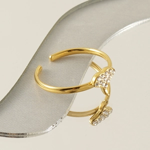 18k gold plated stainless steel ginkgo leaf open ring with micro-paved sparkling crystals