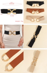 Detail showing high-elastic fabric texture and gold U-shaped metal buckle of waist belt