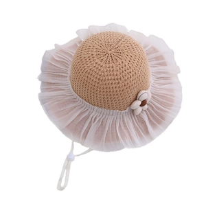 Girls summer straw sun hat with white mesh ruffled brim and floral detail and chin strap