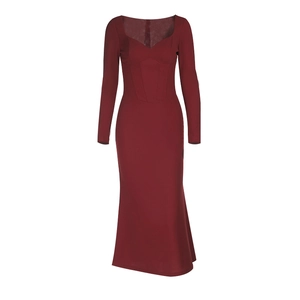 Detail of deep red sweetheart neckline and corset stitching on long sleeve maxi dress