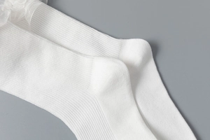 Gros plan sur des chaussettes blanches JK Lolita côtelées avec volants en dentelle fine