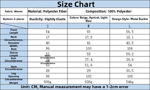 Detailed size chart for short knit cardigan with fabric specs and measurements