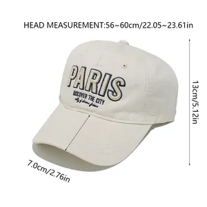 Guide des tailles casquette PARIS montrant tour de tête 56-60cm et visière de 7cm de long