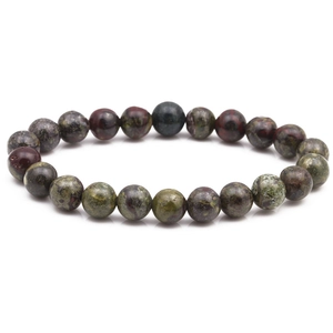 Close-up of natural stone bead bracelets in green and red jasper with earthy textures