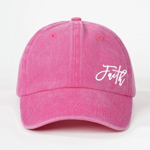 Rose pink washed cotton baseball cap with Faith cross embroidery on white background